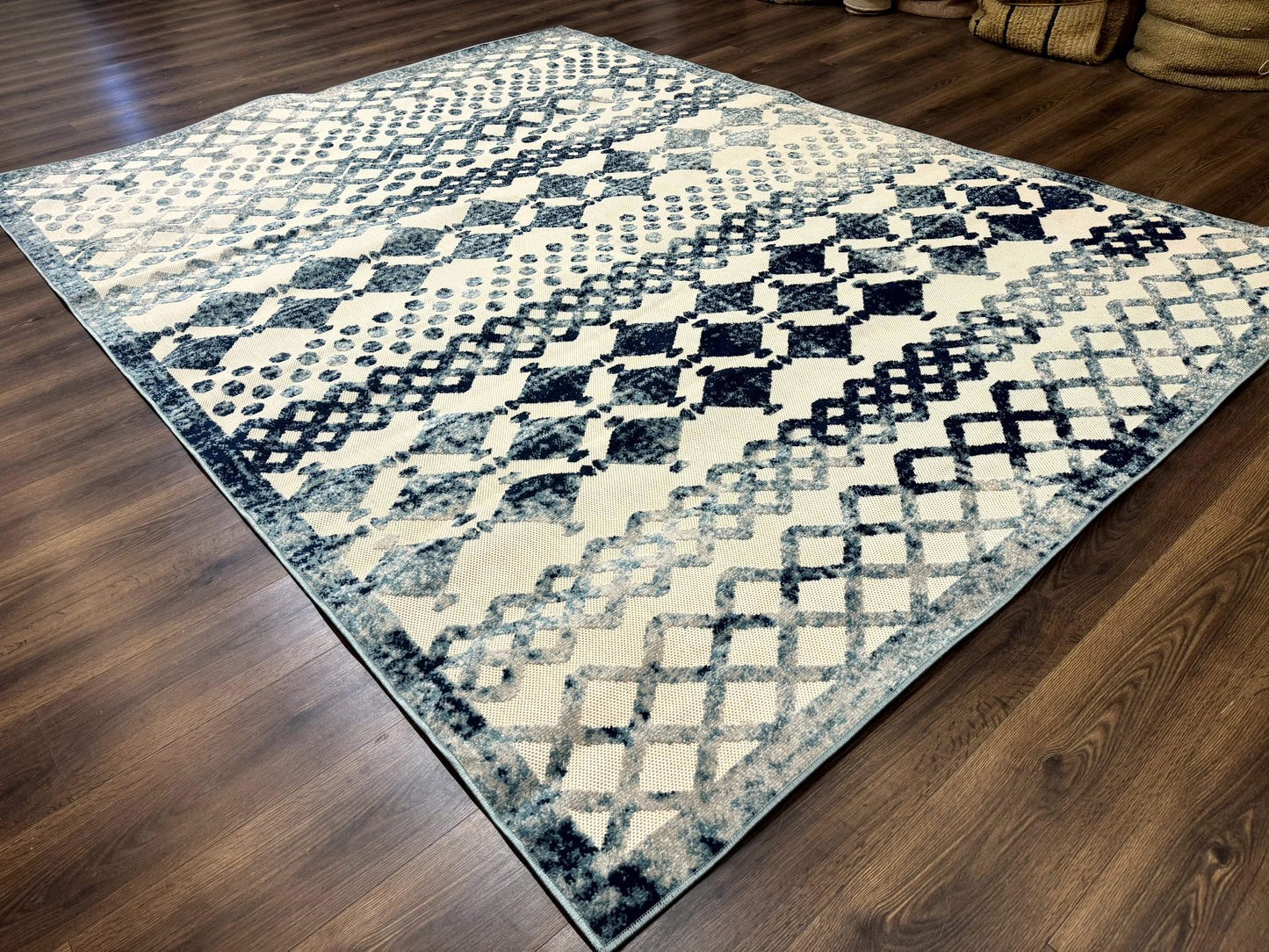 Modern Rug 8x10 Abstract Wool Turkish Area Rug In Oat And Blue Raised Pattern