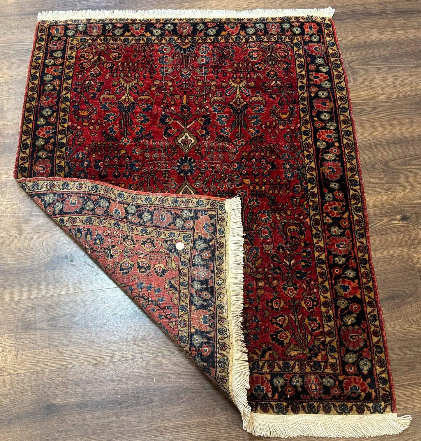 Antique Persian Sarouk Rug 3x4, Red, Floral, 1920s Wool Rug