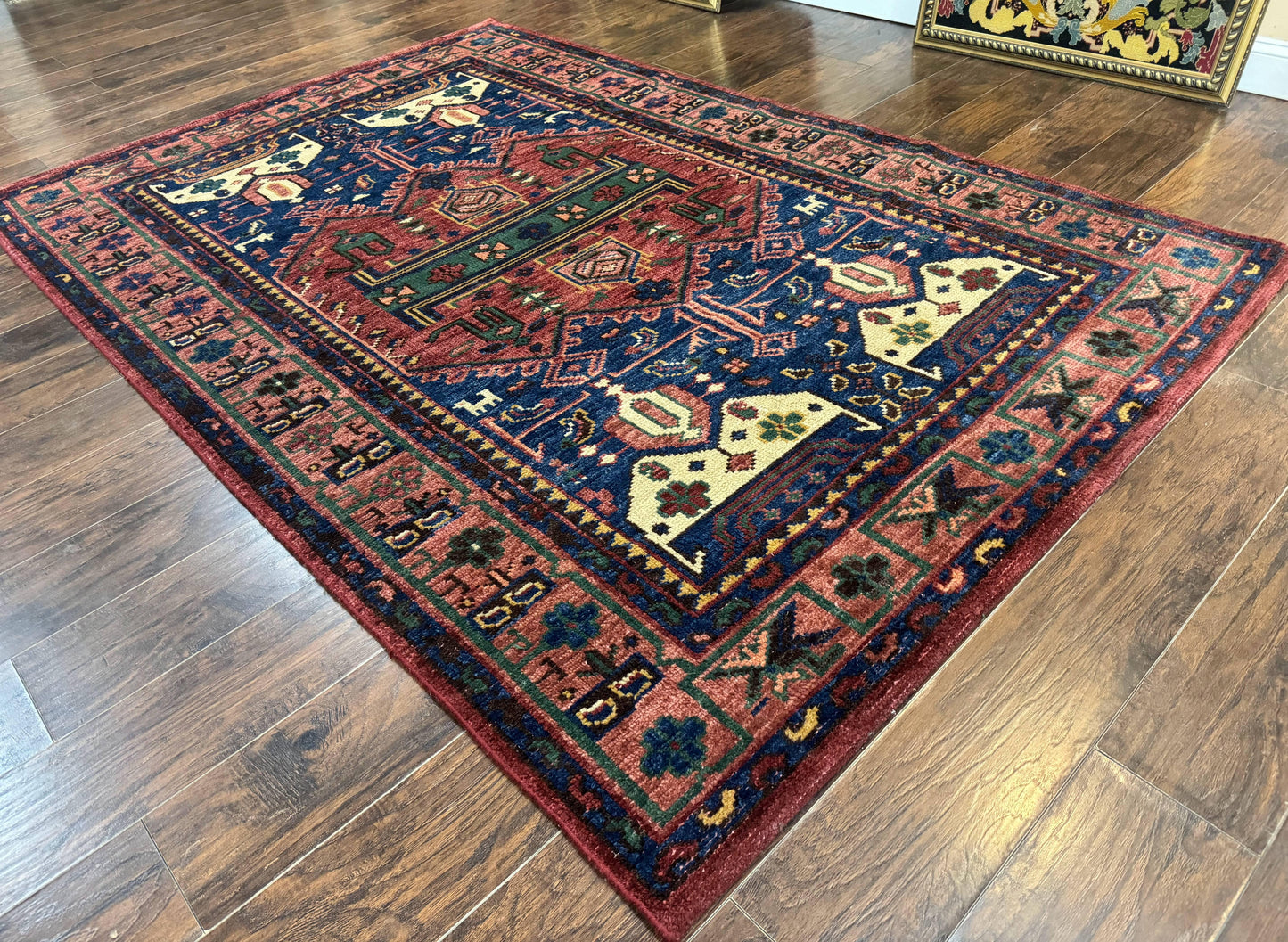 Heriz Rug Persian Tribal Design Hand Knotted Wool 6x9 Vintage