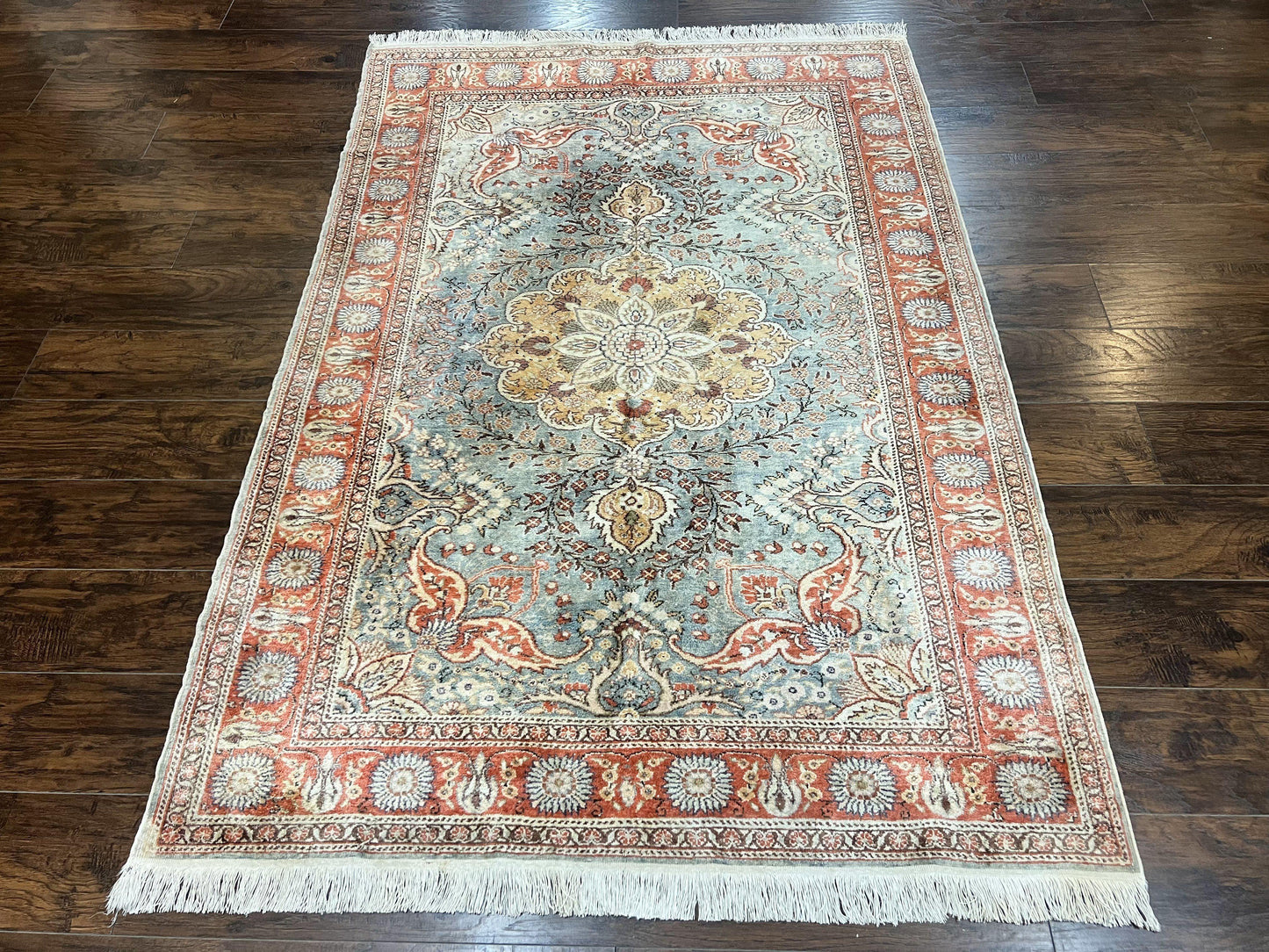 Silk Turkish Rug 5x7, Light Blue Silk Carpet, Floral Medallion, Turkish Kayseri Rug, Vintage Handmade Oriental Rug