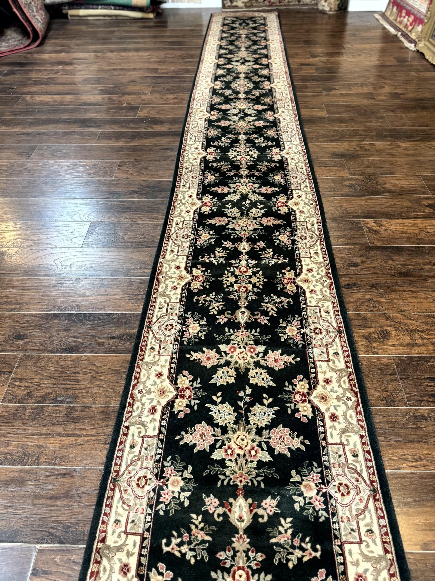 Long Pak Persian Runner Rug 2.7 x 21, Floral Allover, Dark Green and Beige, Handmade Wool Runner Rug, 21ft Runner for Hallway