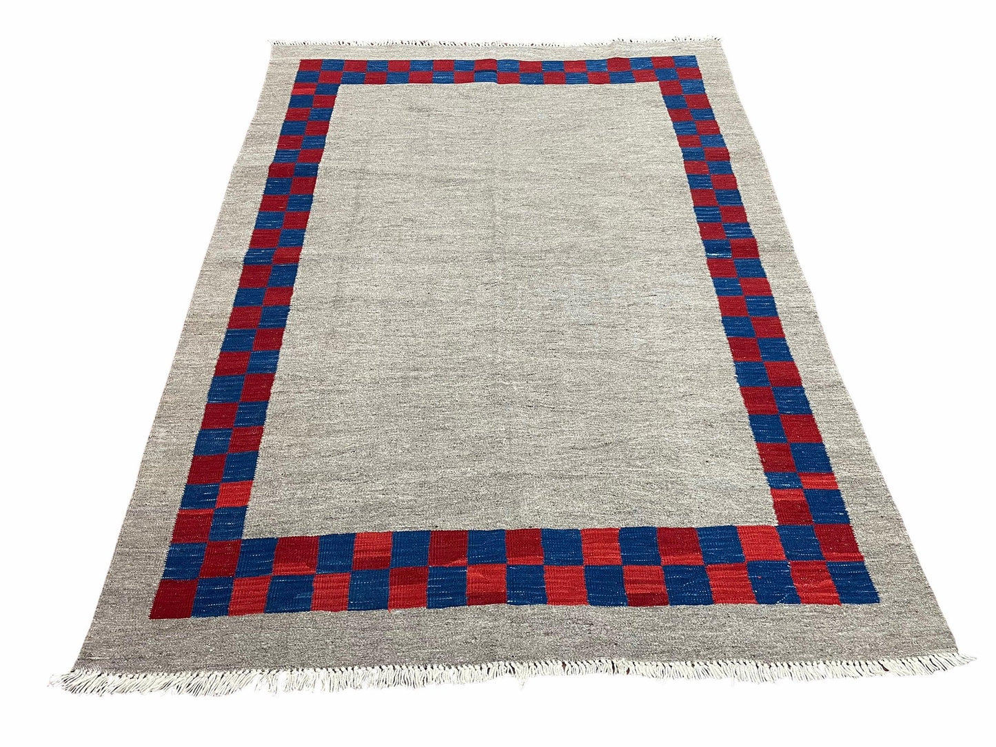 Geometric Kilim Rug Handmade Wool Hand Knotted Gray Blue Red Checkerboard