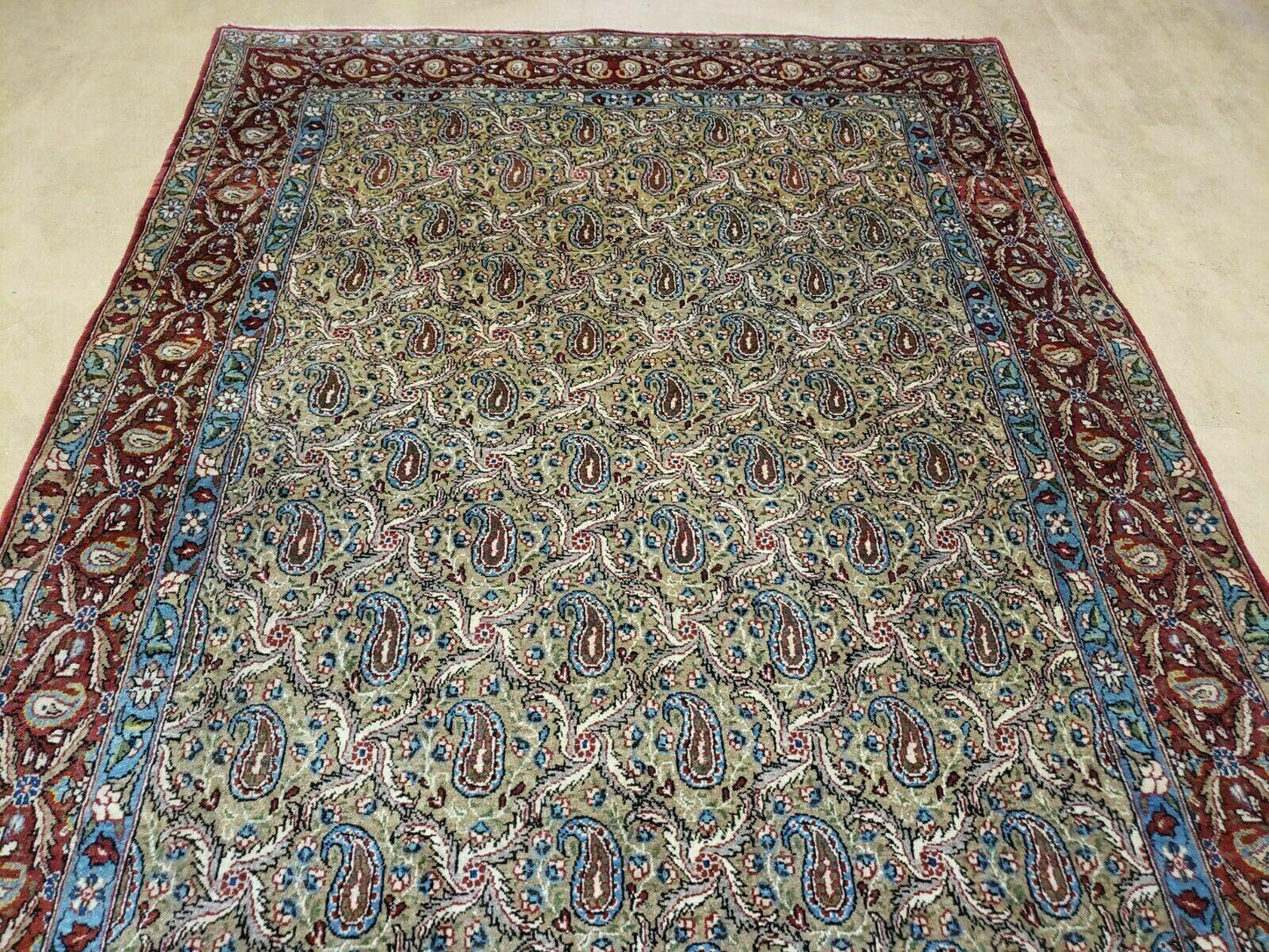 Hand Knotted Turkish Wool Rug Vintage 1960s One Of A Kind Paisley Boteh Design