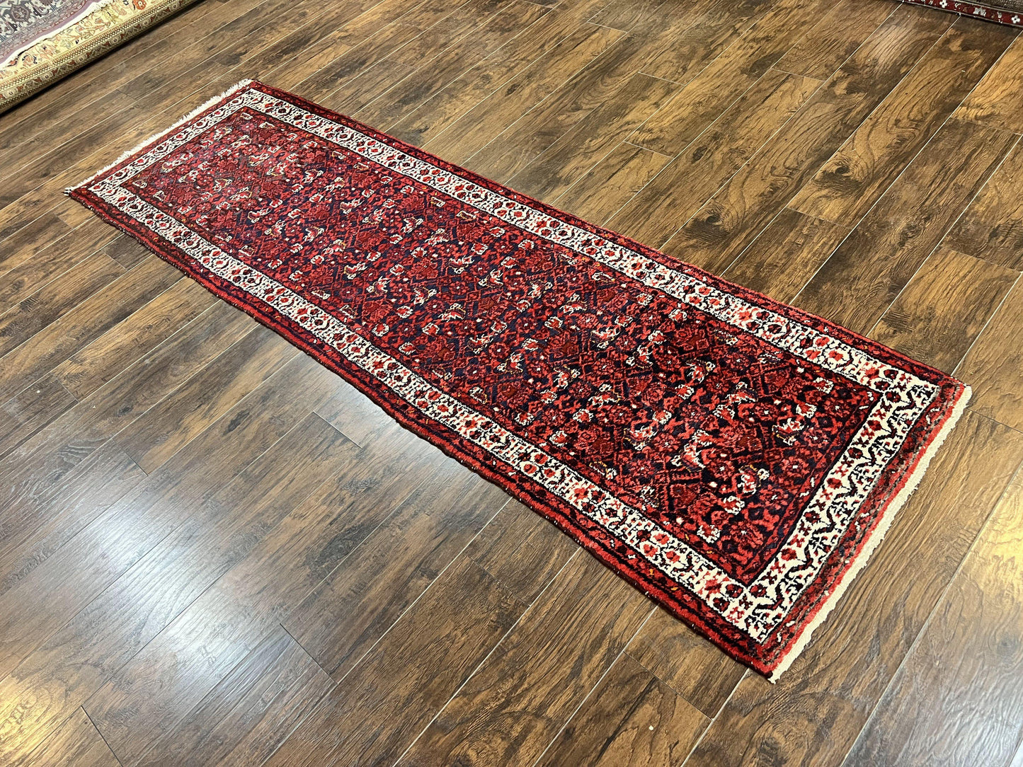 Persian Tribal Runner 3 x 9, Hamadan Dargazin Rug, Dark Blue and Red Wool Hand Knotted Hallway Rug, Vintage Antique Oriental Runner, 9ft Long Runner, Herati
