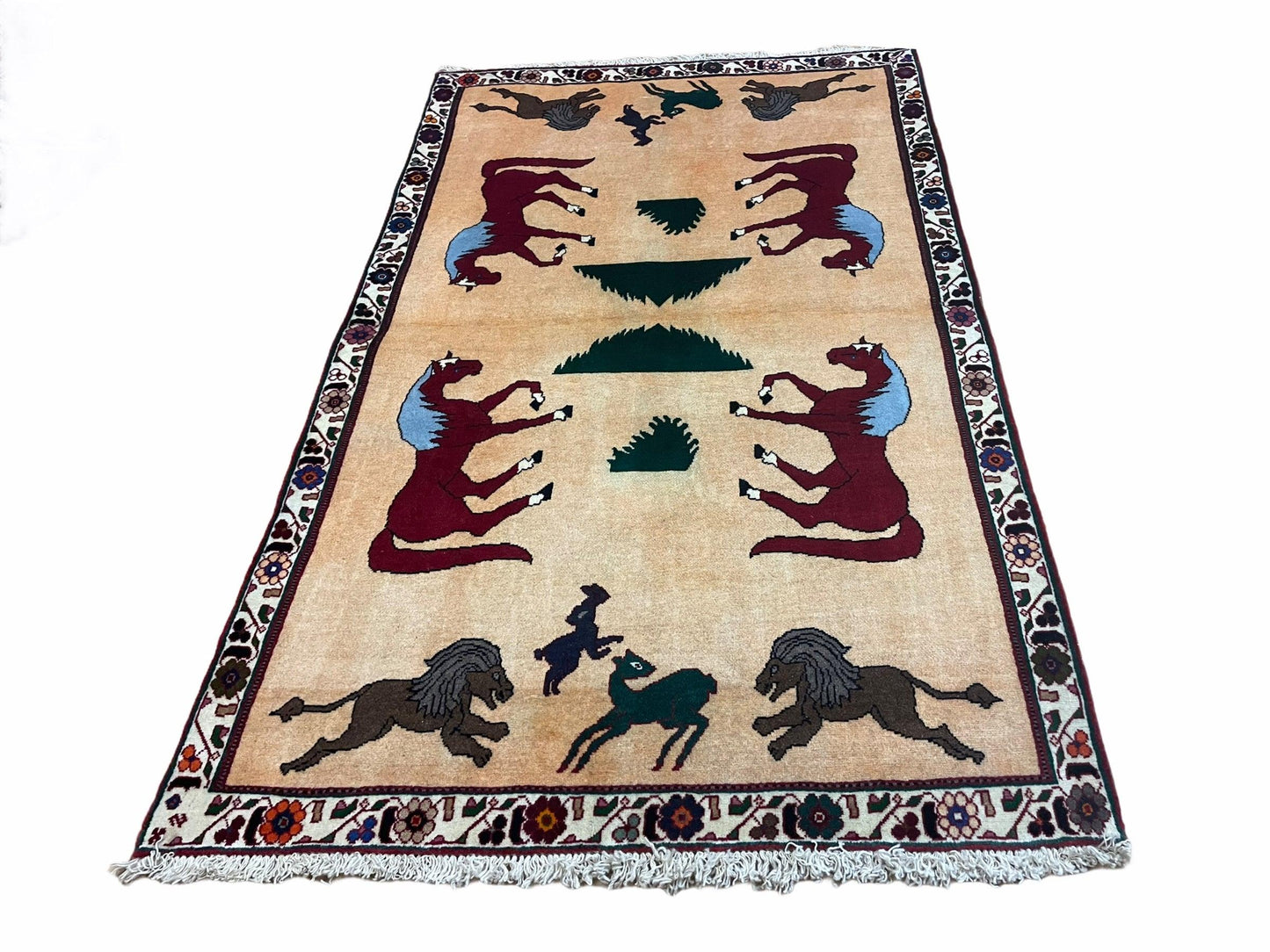 Handmade Wool Rug 4x6 Hand Knotted Tribal Horses Veggie Dyed