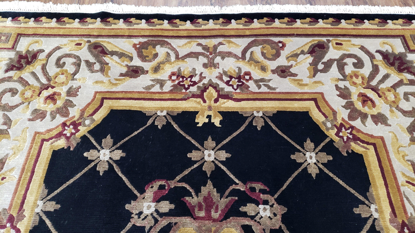 Aubusson Savonnerie Wool Rug 6x9 Hand Knotted Black Beige Nepalese Design