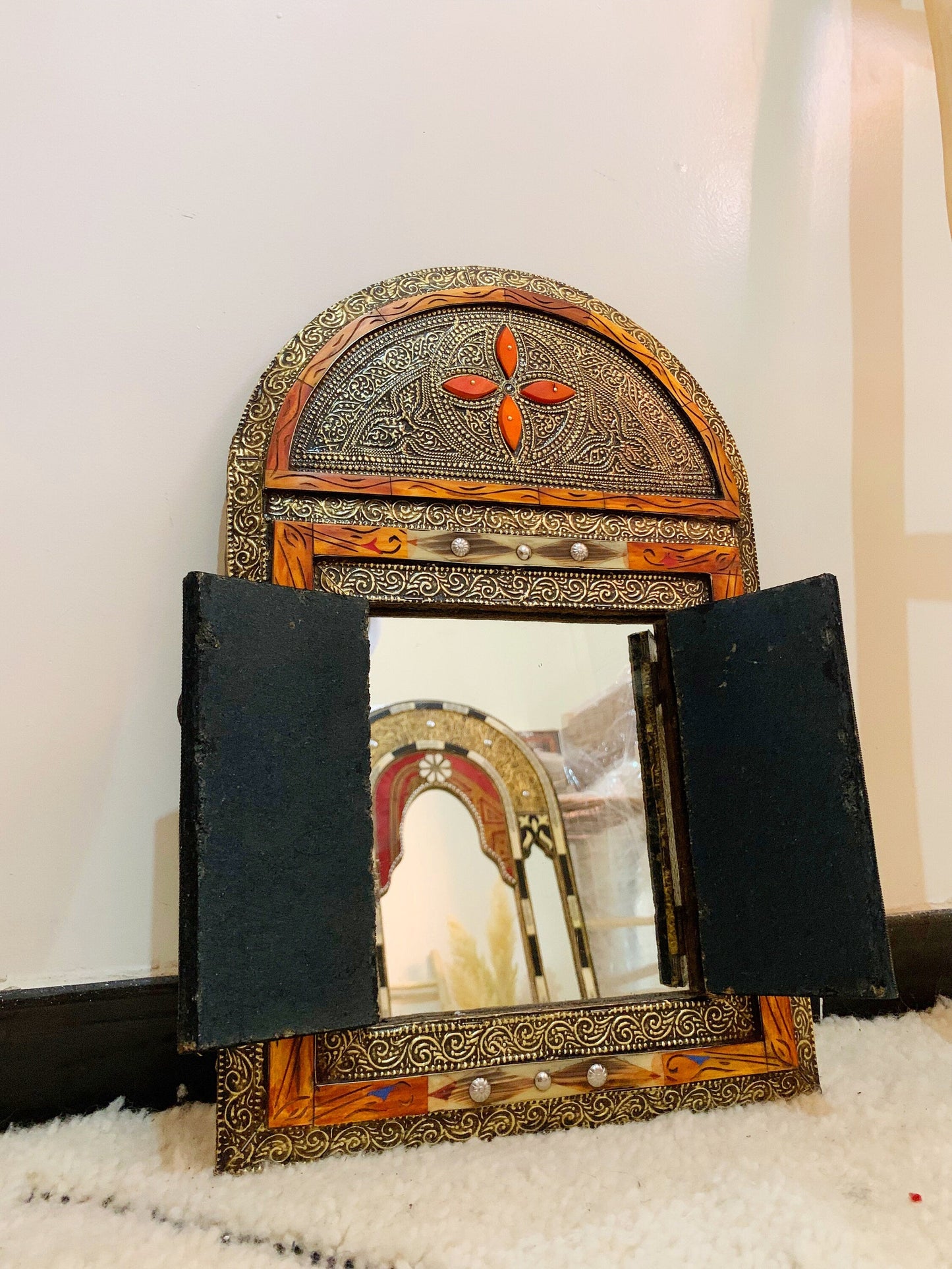 Vintage Moroccan Mirror with Door, Handmade Mirror, Wall Mirrors, Wall Decorative Mirror, Bone Brass Mirror, Hall Mirror, Home Decor, Gift for her , xmas gift , Christmas gift , mom gift