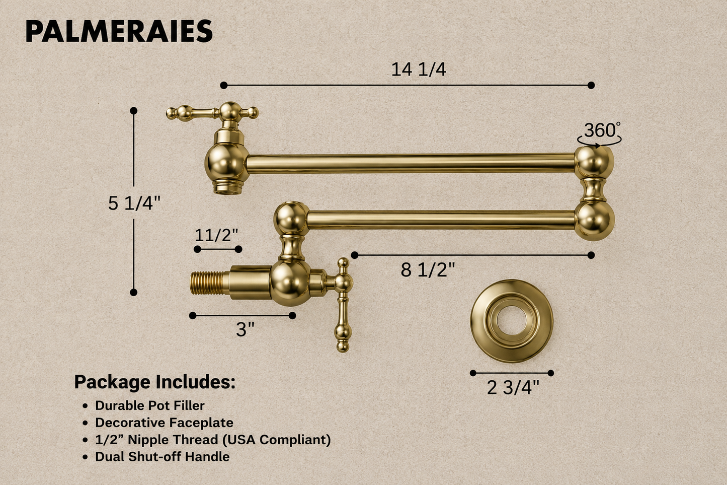 Unlacquered brass wall-mounted pot filler faucet with dimensions and package contents for luxury kitchen installation.