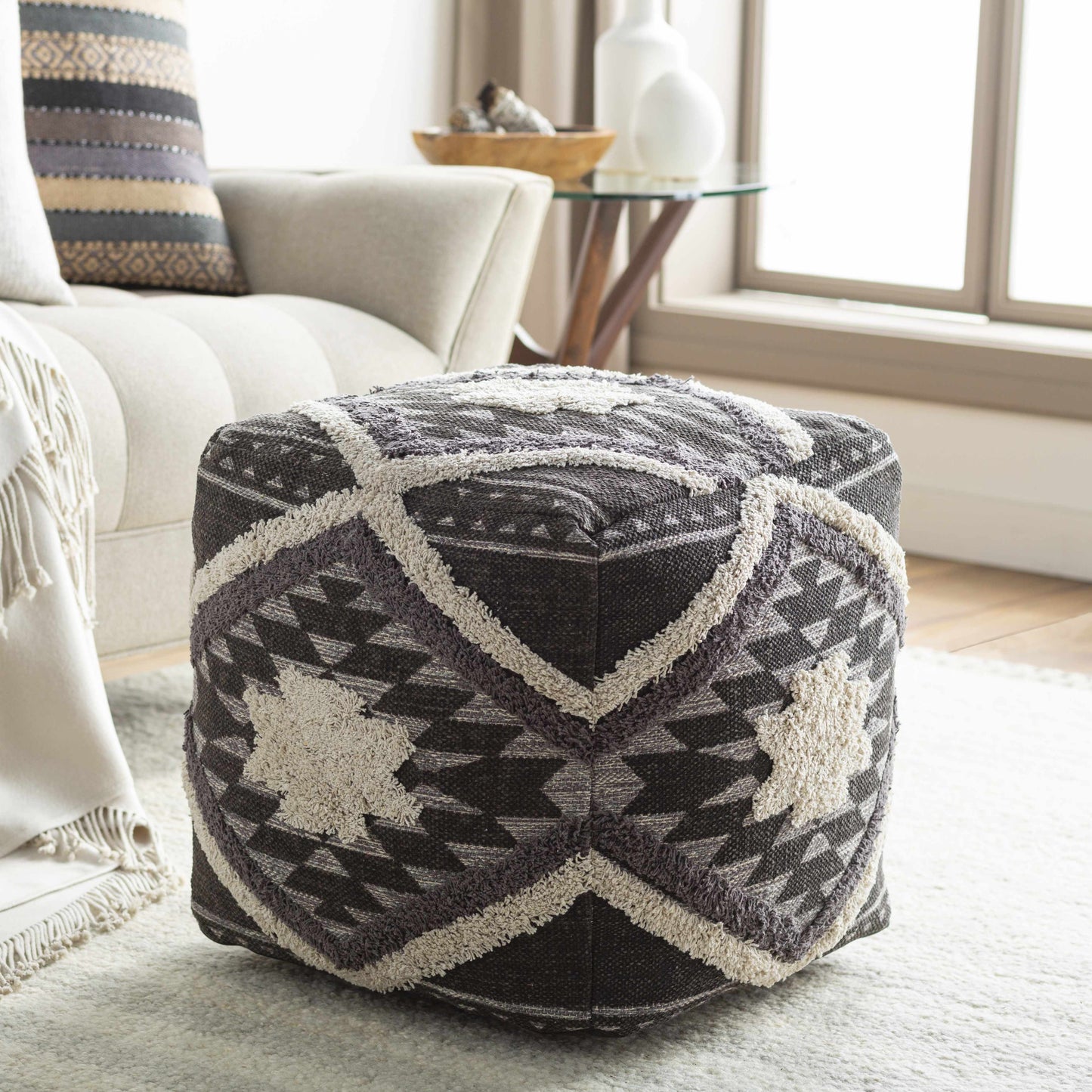Almondbank Handwoven Beige Cotton Pouf For Bedroom Decor And Soft Seating