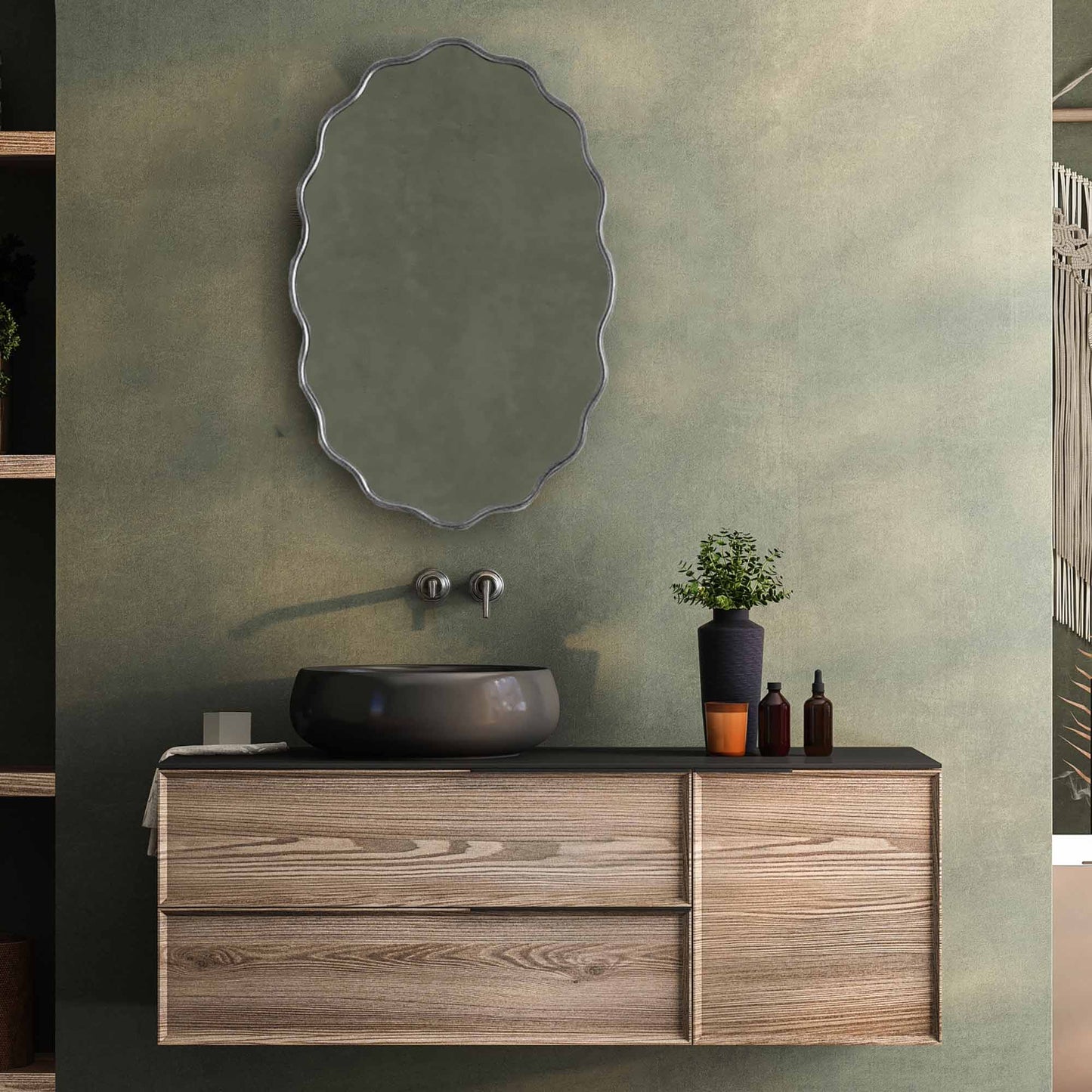 silver frame Flower Mirror in green wall on bathroom with silver faucet