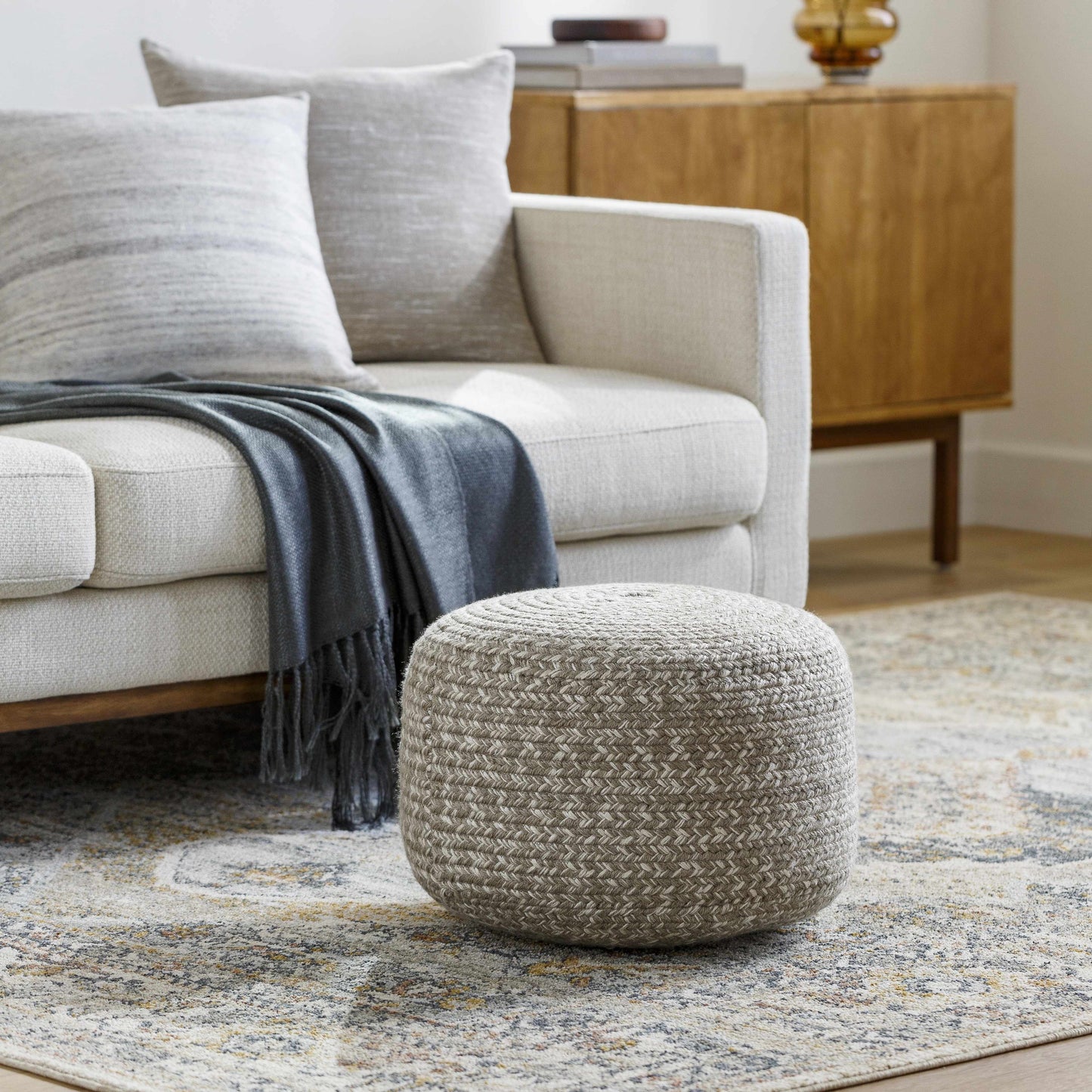Tonanitla Natural Fiber Light Gray Knitted Pouf For Indoor Outdoor
