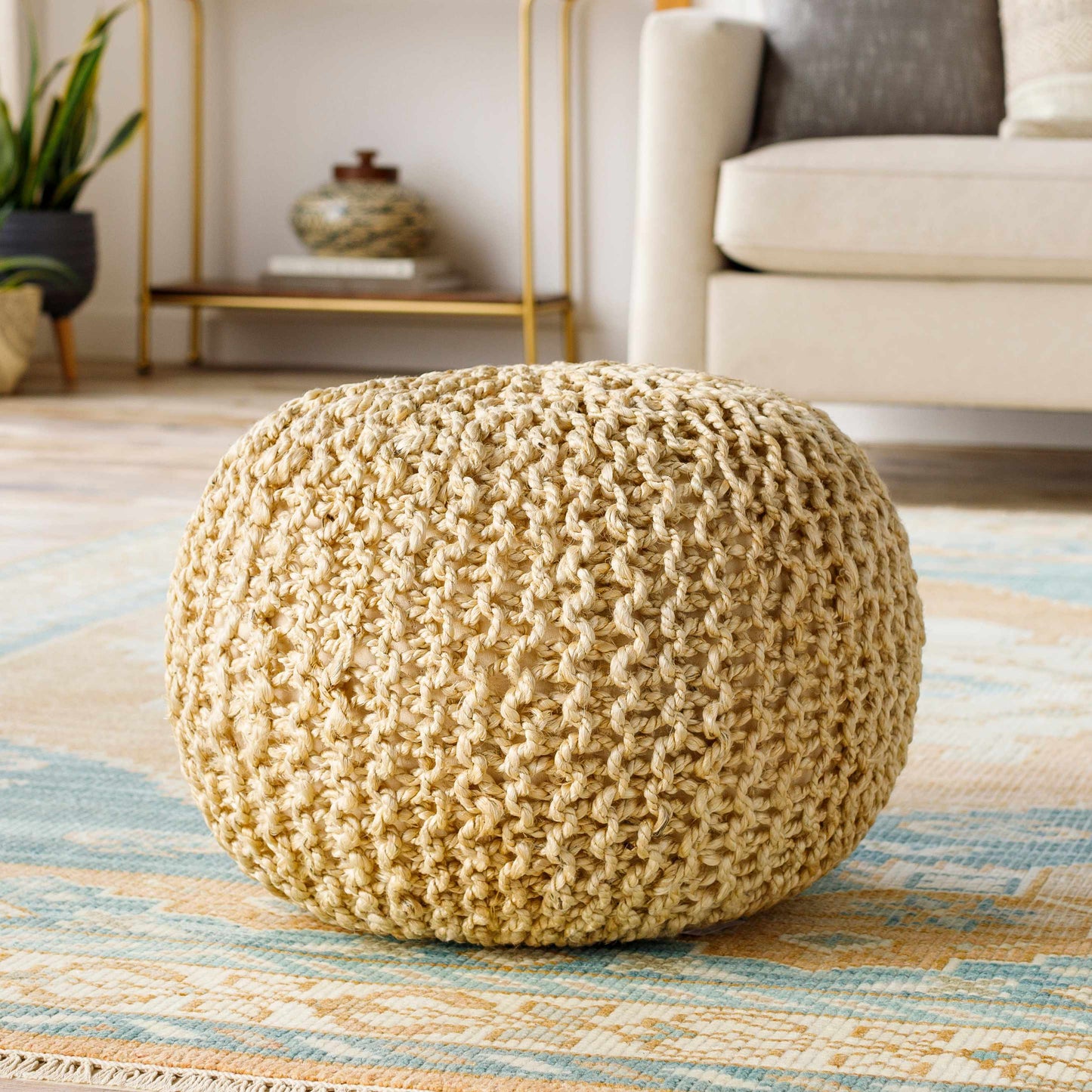 Watseka Jute Knitted Pouf Peach Natural Seating Accent For Living Rooms