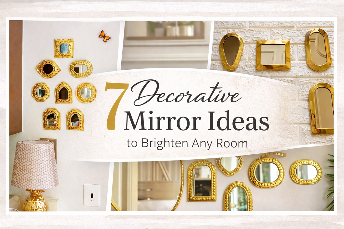 Decorative mirror wall collage showing gold framed mirrors arranged in stylish shapes for modern home decor