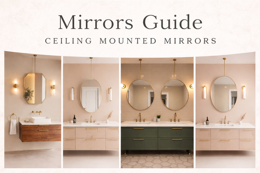 Four styles of ceiling-mounted brass mirrors above bathroom vanities — octagonal, oval, round, and circle — suspended on brass rods in a collage guide image.