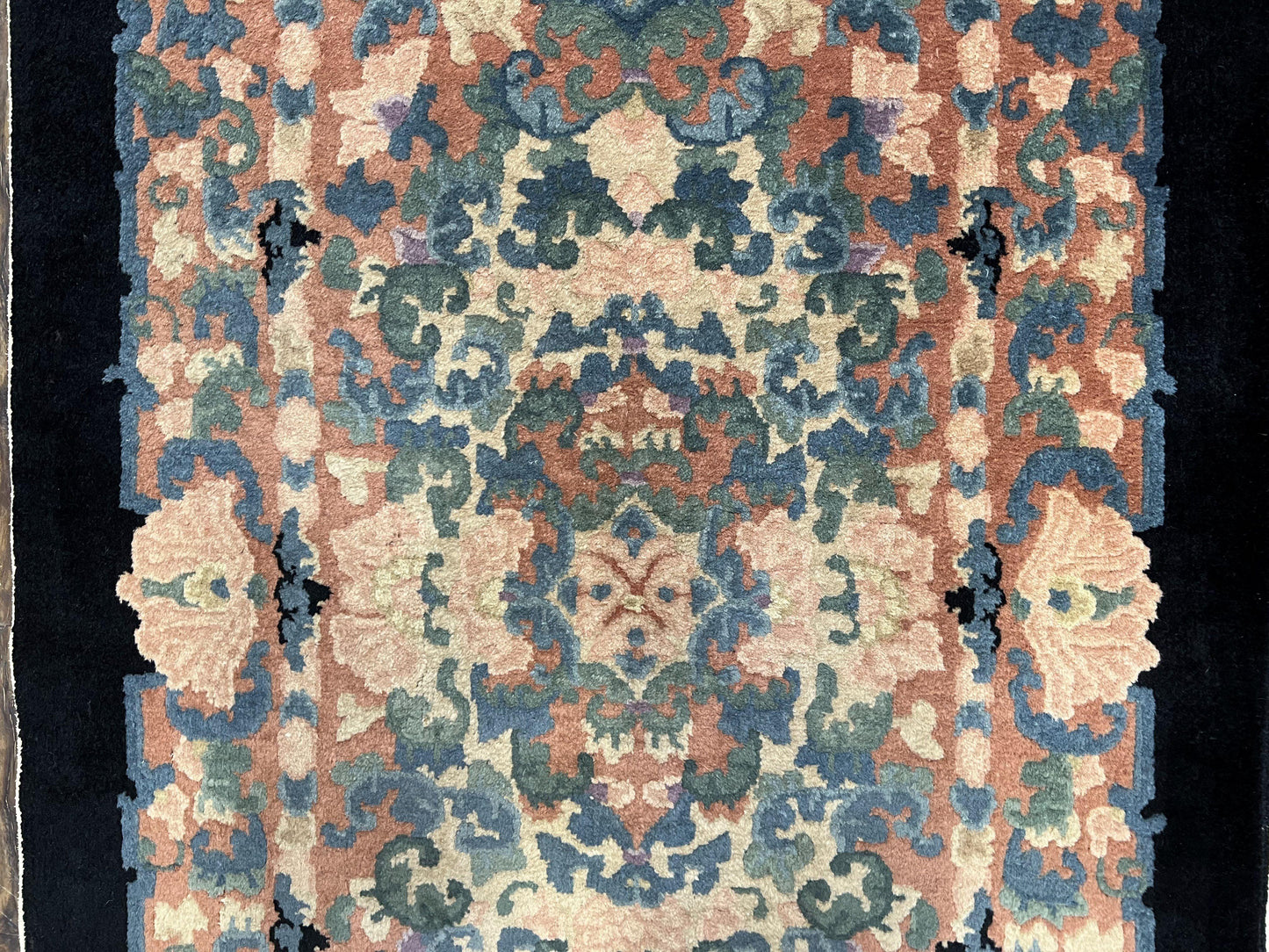 Art Deco Rug Chinese Handmade Wool 3x5 Vintage Floral Black Beige Carpet