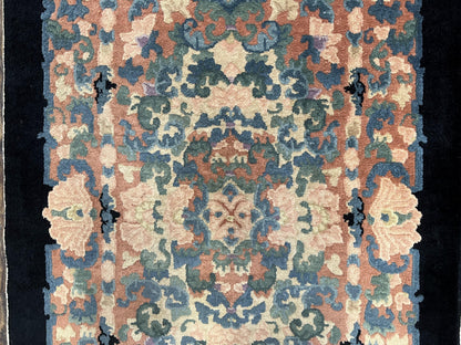 Art Deco Rug Chinese Handmade Wool 3x5 Vintage Floral Black Beige Carpet