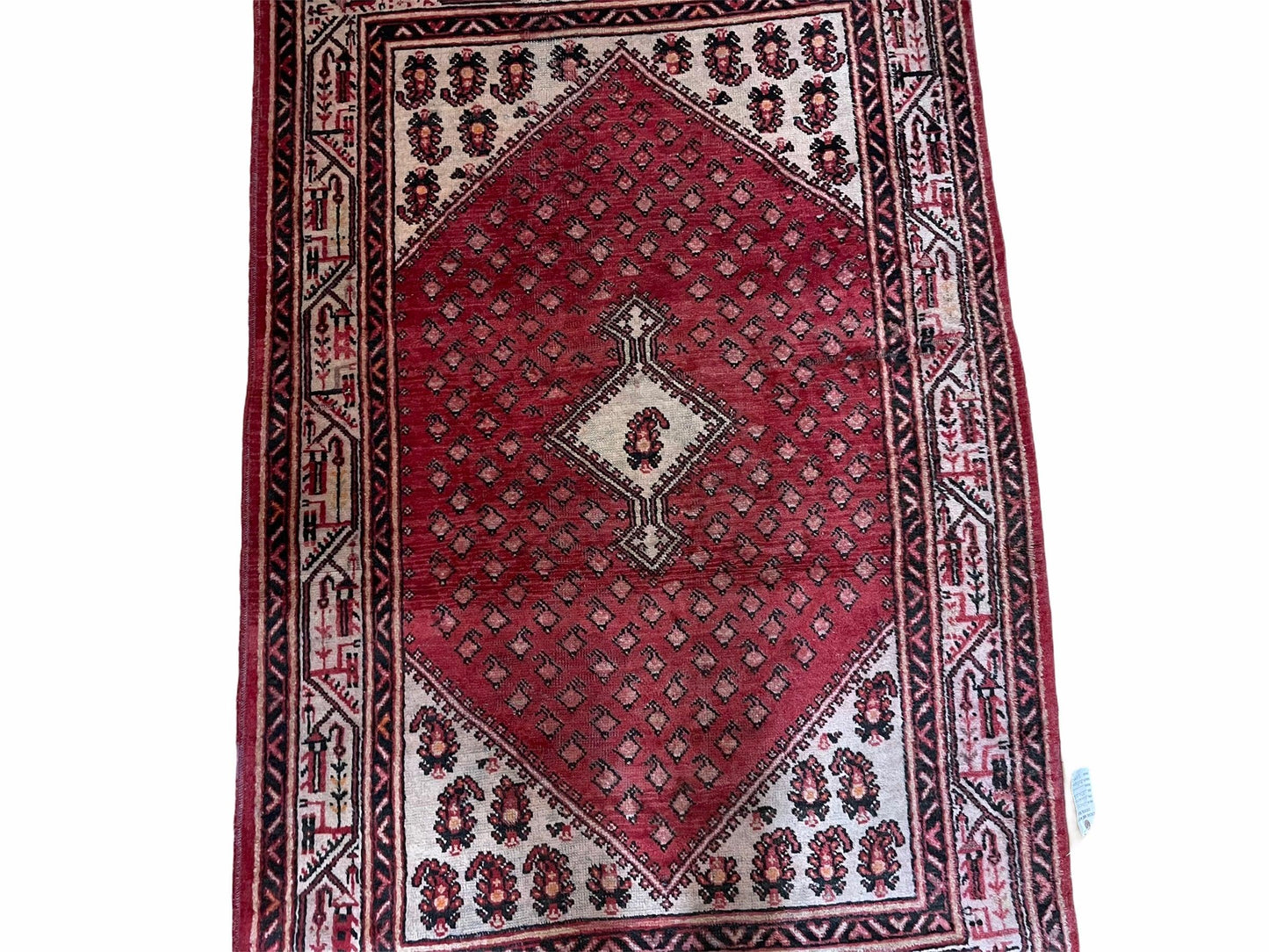 Antique Handmade Wool Rug Paisley Boteh Design Tribal Area Rug Red Ivory