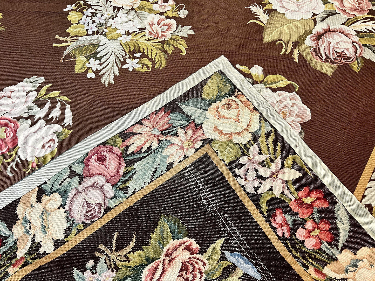 Vintage Needlepoint Rug 9x12 Handmade Wool Carpet With Floral Bouquets European Design