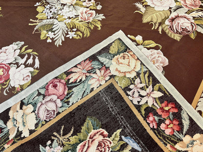 Vintage Needlepoint Rug 9x12 Handmade Wool Carpet With Floral Bouquets European Design