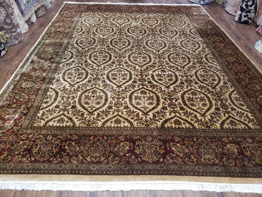 Vintage Indo Persian Area Rug 9x12, Wool Hand-Knotted Ivory & Dark Red Oriental Carpet, Fine Weave 9 x 12 Indian Rug, Dining Room Rug