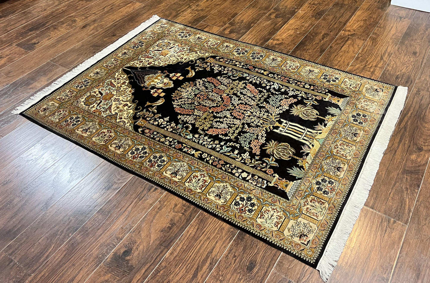 Luxury Sino Persian Silk Rug 4x6 Tree of Life Design Birds Hand Knotted Silk on Silk