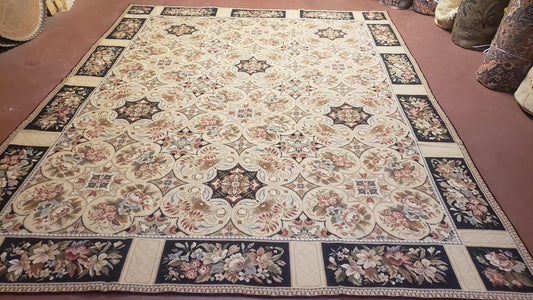 Needlepoint Rug 8x10ft Hand Knotted Wool Aubusson Flower Design Area Rug