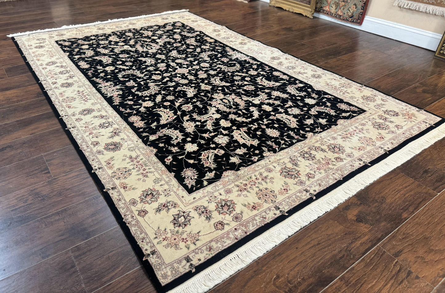 Sino Persian Rug 6x9, Black and Ivory, Wool and Silk Highlights, Handmade
