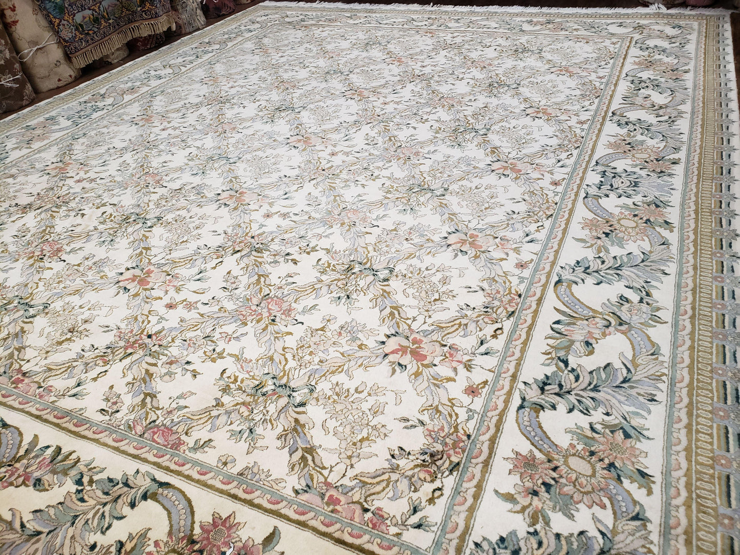 Pak Persian Floral Rug 11 x 12.6, Ivory, Very Fine, Hand Knotted