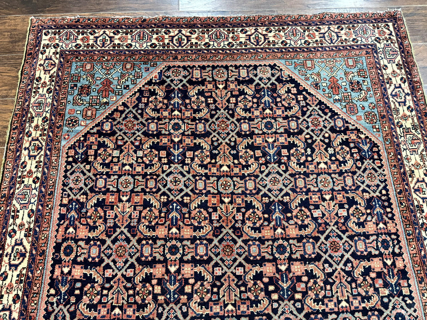 Antique Persian Rug Handmade Wool 5 by 6.7 Feet Navy Blue and Ivory Hamadan Angelas