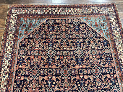 Antique Persian Rug Handmade Wool 5 by 6.7 Feet Navy Blue and Ivory Hamadan Angelas