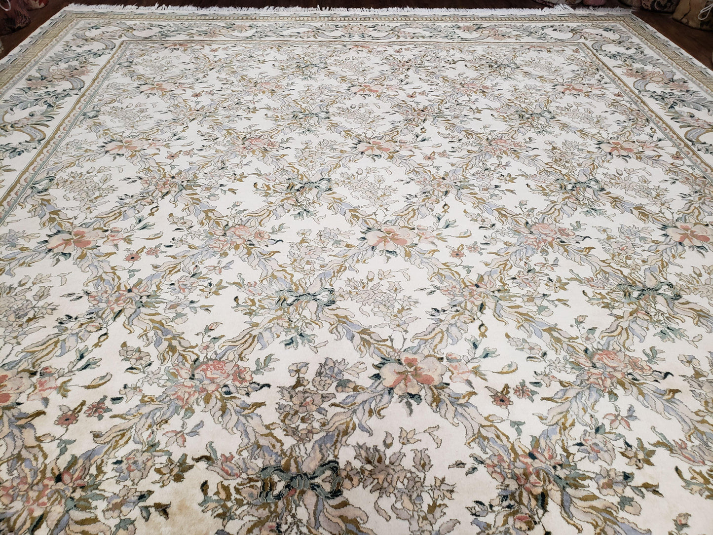 Pak Persian Floral Rug 11 x 12.6, Ivory, Very Fine, Hand Knotted
