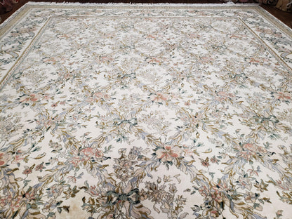Pak Persian Floral Rug 11 x 12.6, Ivory, Very Fine, Hand Knotted
