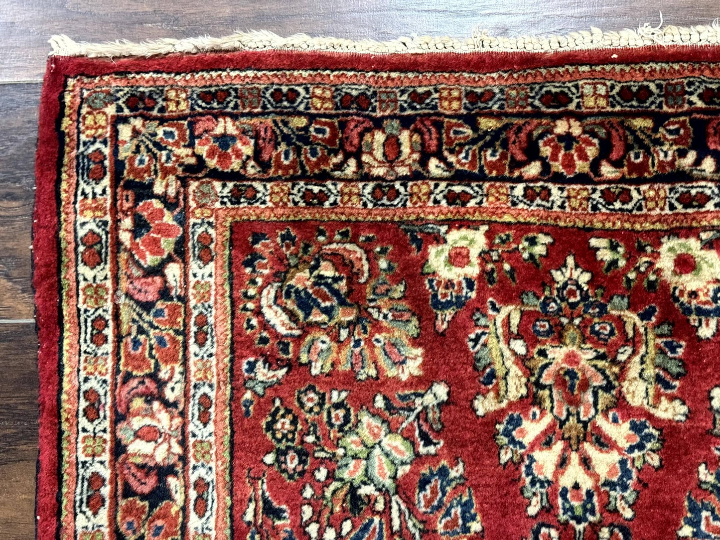 Red Persian Sarouk Rug 3 x 5.8, Antique Wool Carpet, 210 KPSI
