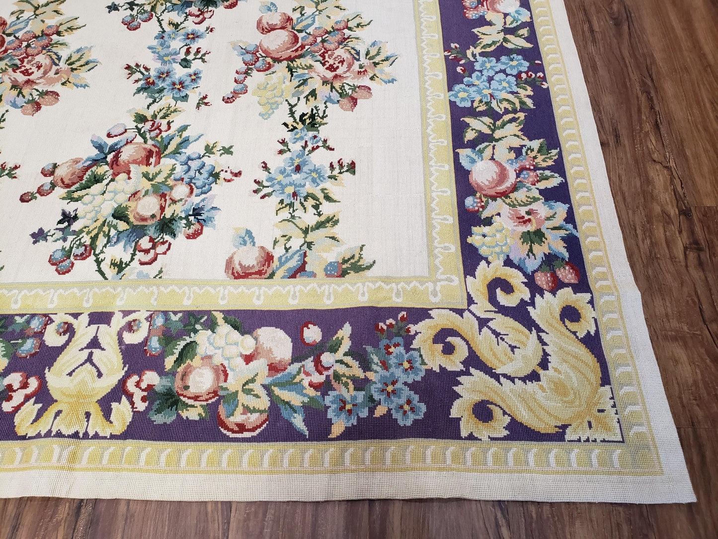 Vintage Chinese Floral Needlepoint Rug Wool Handwoven Flatweave Area Rug 6x9 Ivory Purple Dining Room