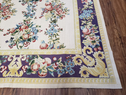 Vintage Chinese Floral Needlepoint Rug Wool Handwoven Flatweave Area Rug 6x9 Ivory Purple Dining Room