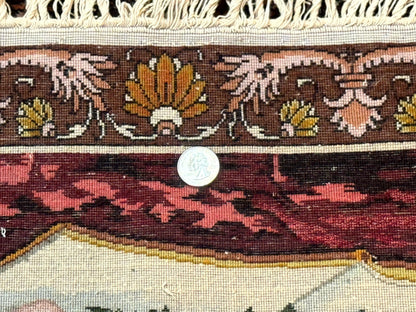 Persian Pictorial Rug Small Tabriz With Roses Portrait Of A Young Lady Handmade Wall Hanging