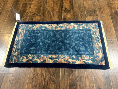 Blue Chinese Wool Rug Hand Knotted Peking Area Rug Semi Antique 2.5 x 4