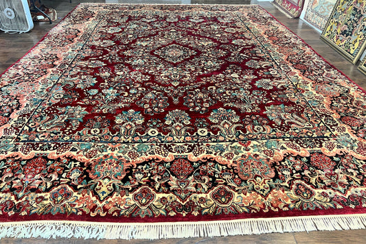 Persian Sarouk Rug 12x17, Wool Hand Knotted Antique Carpet, Dark Red, Traditional Floral Oriental Rug, 12 x 17 Extra Large Handmade Rug