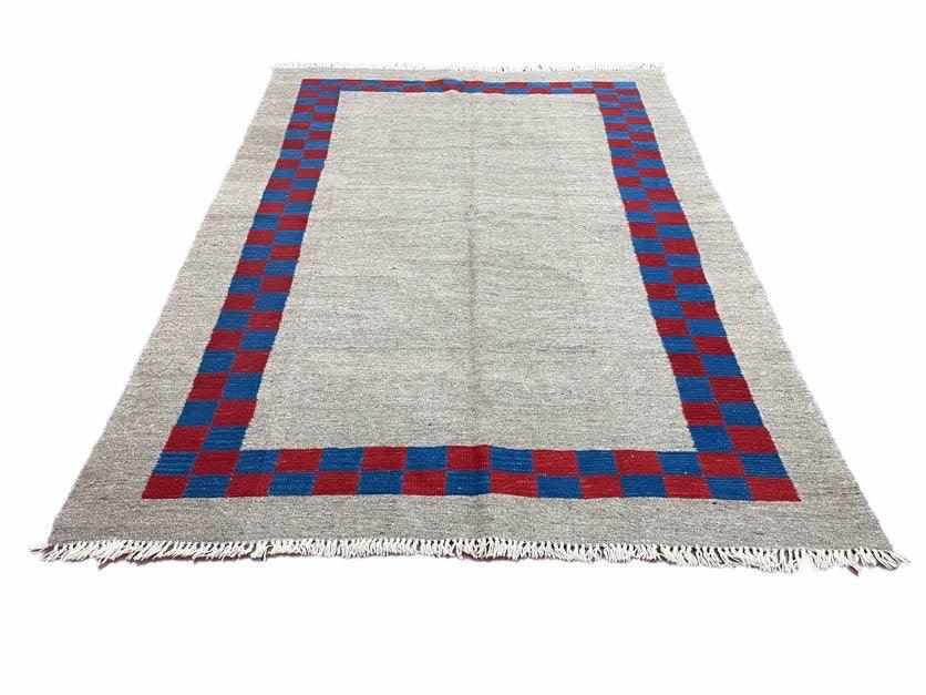 Gray Turkish Kilim Carpet 5' 7" x 7' 7", Medium Kilim Rug, Hand-Knotted, Blue & Red Border, Minimalistic Design, Geometric, Wool, New