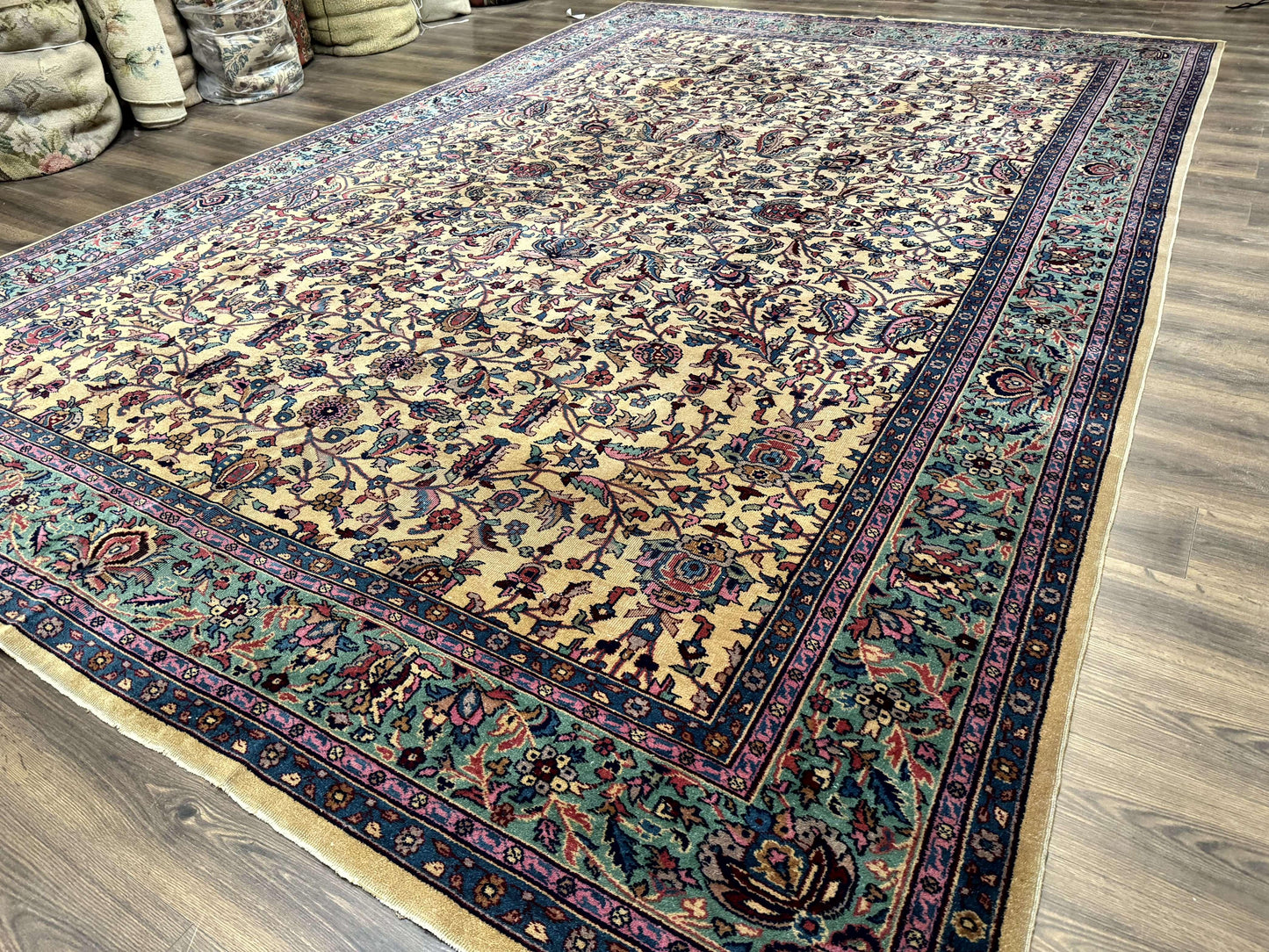 Rare Antique Persian Samarkand Rug 10x15 Camel And Cyan Allover Pattern