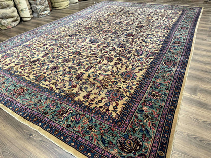 Rare Antique Persian Samarkand Rug 10x15 Camel And Cyan Allover Pattern