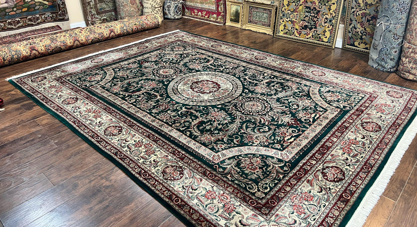 Persian Rug 9x12 Dark Green Cream Floral Medallion Handmade Wool Carpet