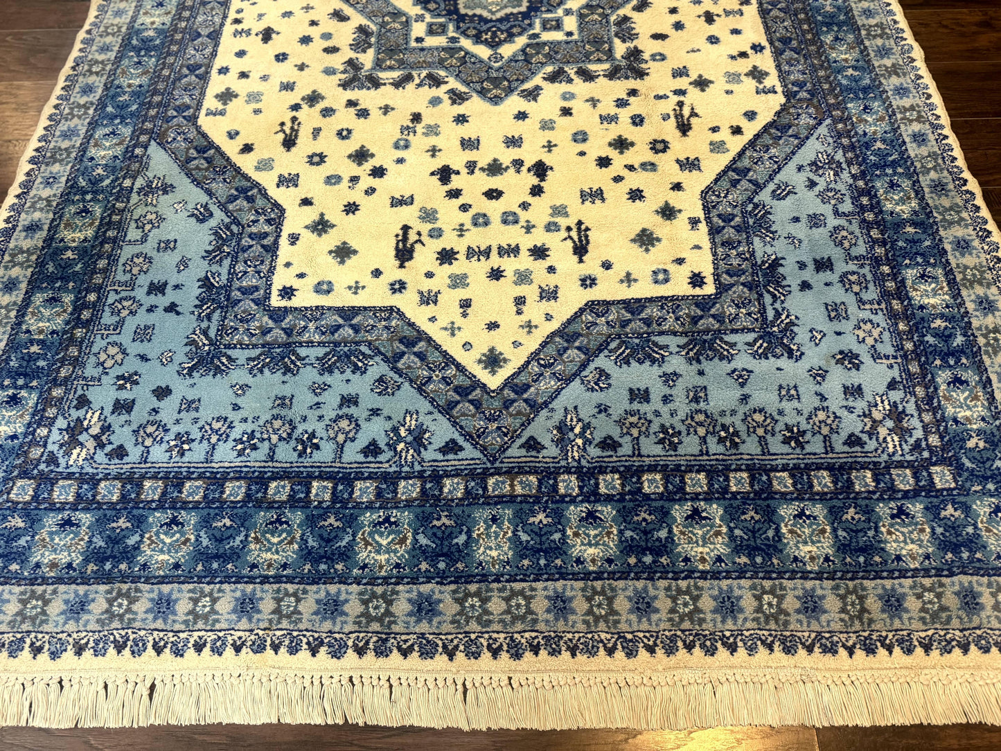 Moroccan Rug 7x10 Geometric Medallion Blue Ivory Hand Knotted Wool Area Rug