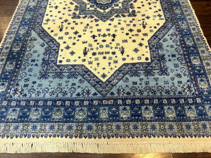 Moroccan Rug 7x10 Geometric Medallion Blue Ivory Hand Knotted Wool Area Rug
