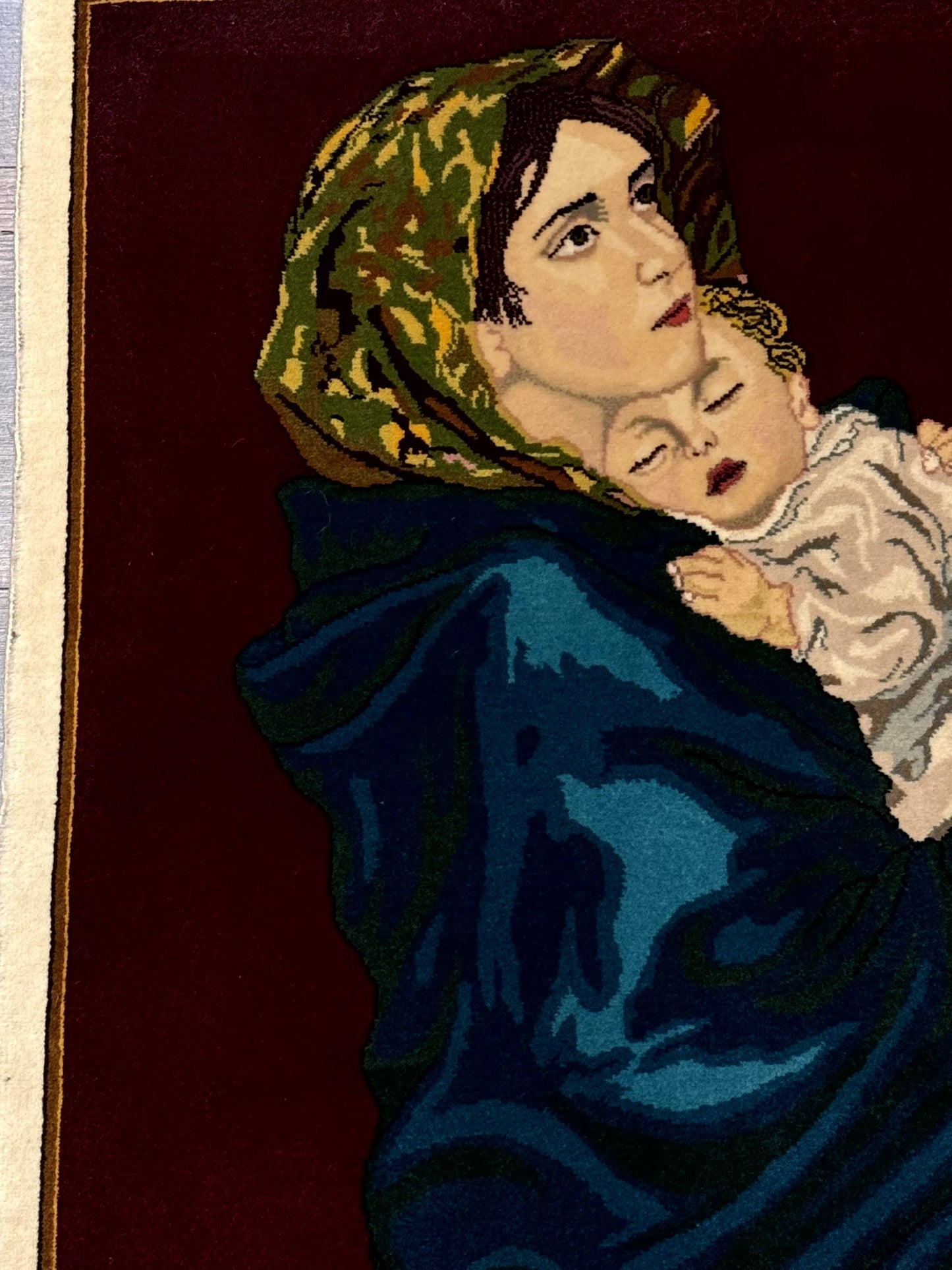 Small Persian Tabriz Pictorial Rug 2x2, Mother Holding Child, Very Fine 340 KPSI, Maroon