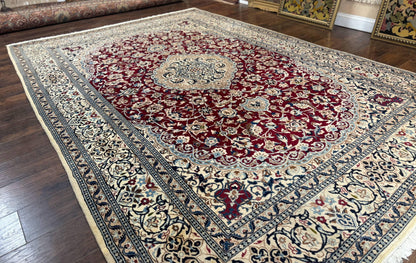 Persian Nain Rug 8x11 Wool Silk Highlights Burgundy Ivory Floral Medallion