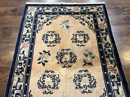 Chinese Peking Rug 4x6 Wool Hand Knotted Vintage Semi Antique Carpet Light Peach Navy Art Deco Style