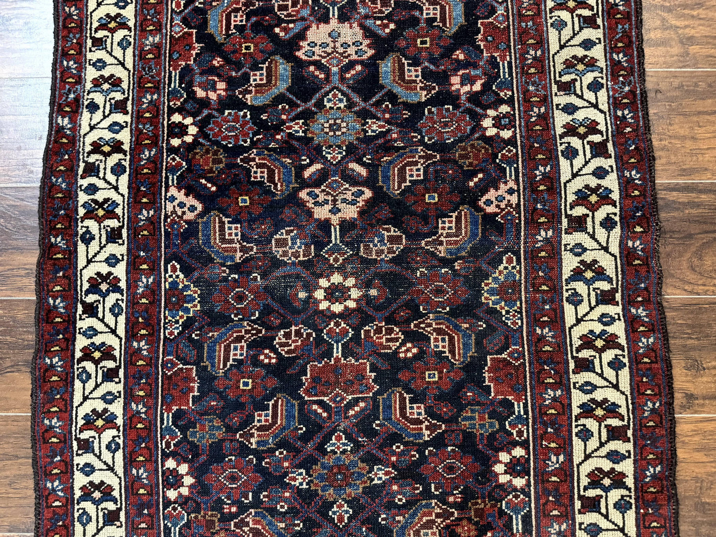 Antique Persian Rug Hamadan 3x6 Navy Blue Ivory Handmade Wool Carpet