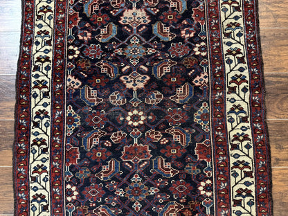 Antique Persian Rug Hamadan 3x6 Navy Blue Ivory Handmade Wool Carpet