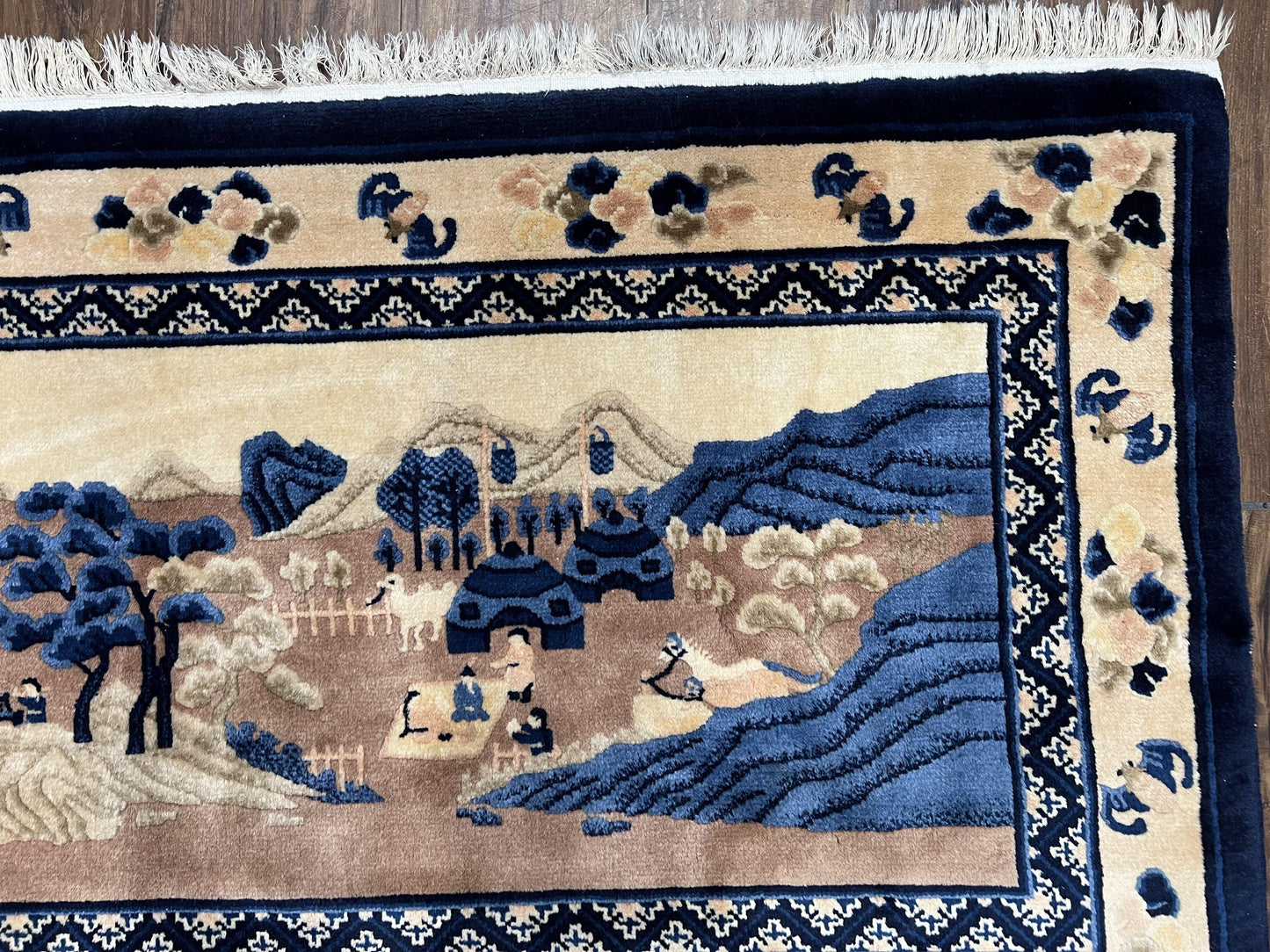 Chinese Pictorial Rug Antique Handmade 2.7x5 Village and Hills Beige Blue Wall Hanging Tapestry